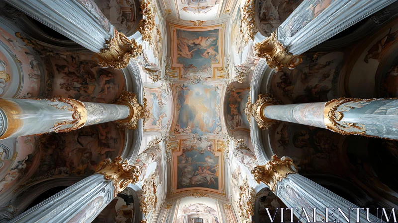Baroque nave ceiling captured in dramatic vertical perspective