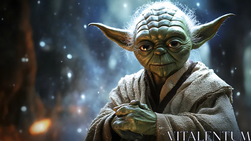 Wise green alien master stands in soft cosmic glow