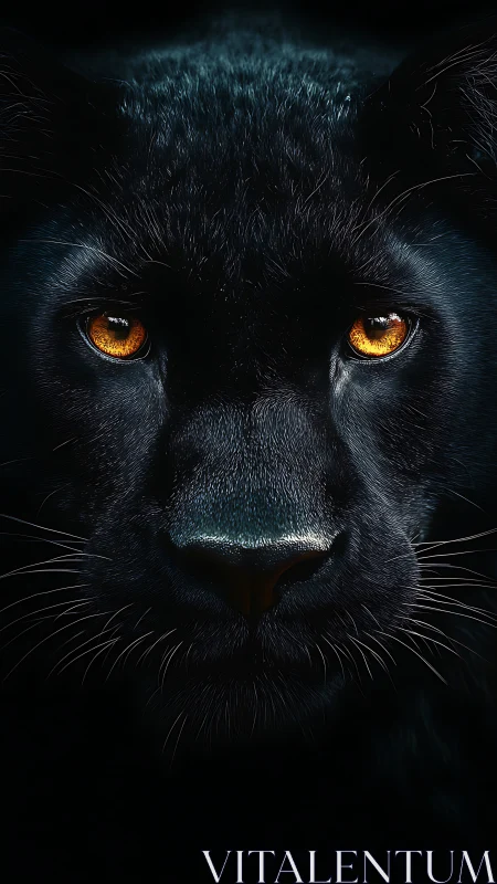 Black panther's golden gaze pierces darkness.