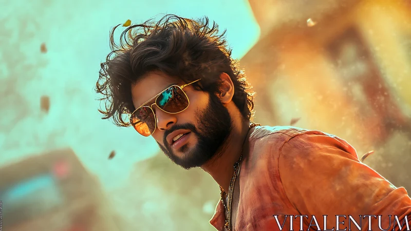 Man with sunglasses in warm cinematic street scene.