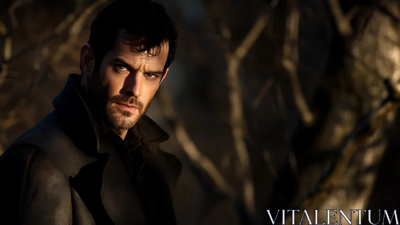 Brooding man in forest shadows watches with intense focus.