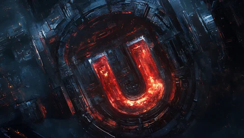 Molten letter U ignites a dark mechanical labyrinth core.