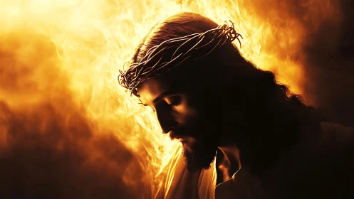 Sacred figure with crown of thorns in radiant golden light.