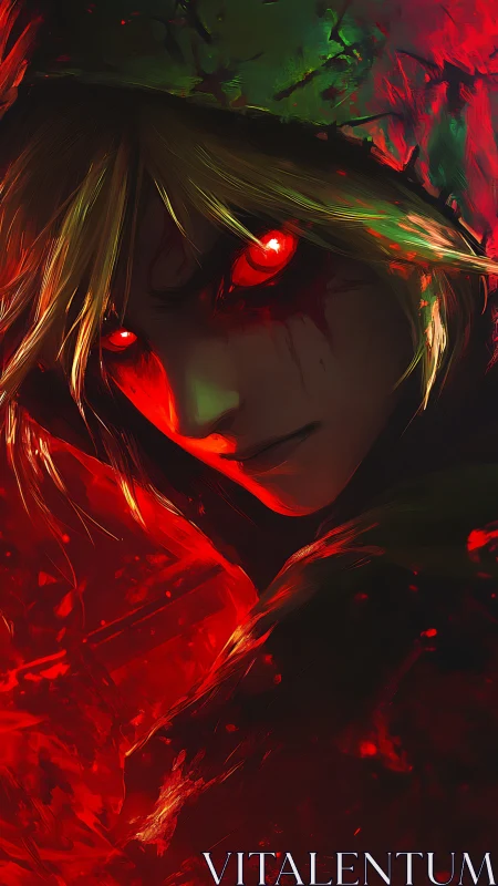 Demonic hooded warrior with burning red eyes in shadows.