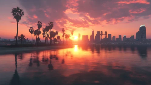 Sunset city skyline glows beyond tranquil palm-lined shore.