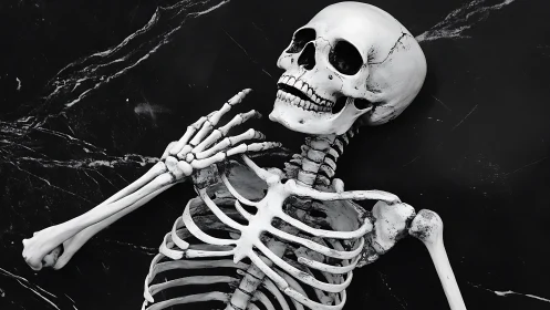 Human skeleton lies on dark marble surface in high contrast