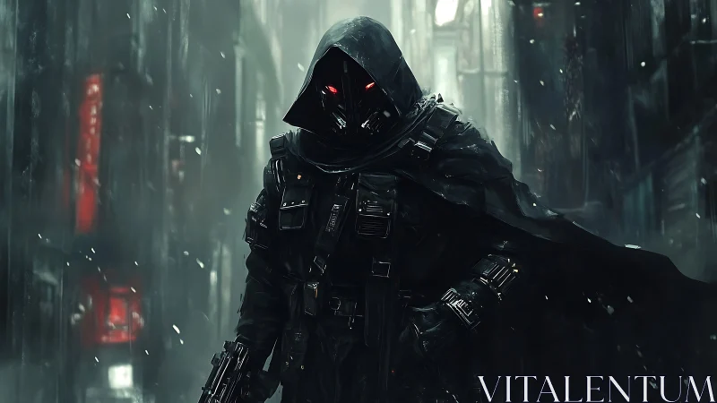 Cybernetic enforcer advances through rain-soaked neon alleyway
