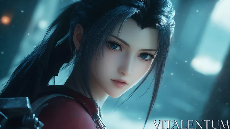 Warrior heroine faces viewer amid cold blue light