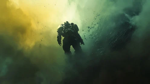 Armored space soldier descends through shattered green mist.