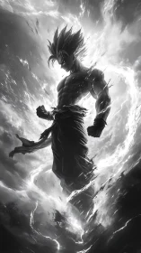 Storm-charged warrior ascends within swirling monochrome energy.