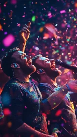 Photorealistic concert portrait with dynamic confetti field.