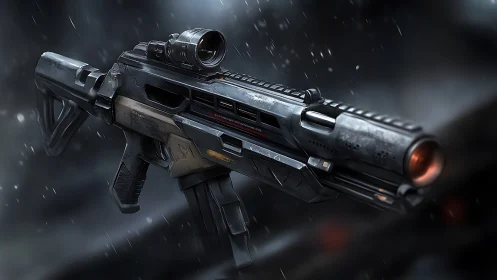 Futuristic tactical rifle gleams under cold cinematic rain