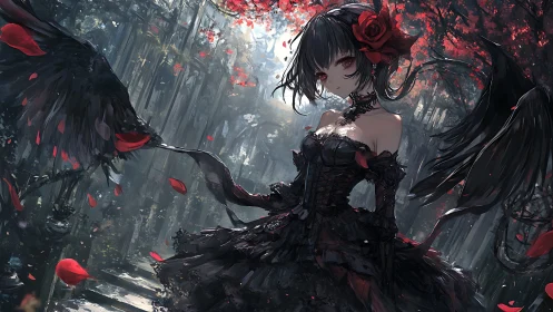 Gothic winged girl in black lace dress under crimson canopy