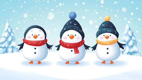 Trio of stylized snow penguins in calibrated winter symmetry.