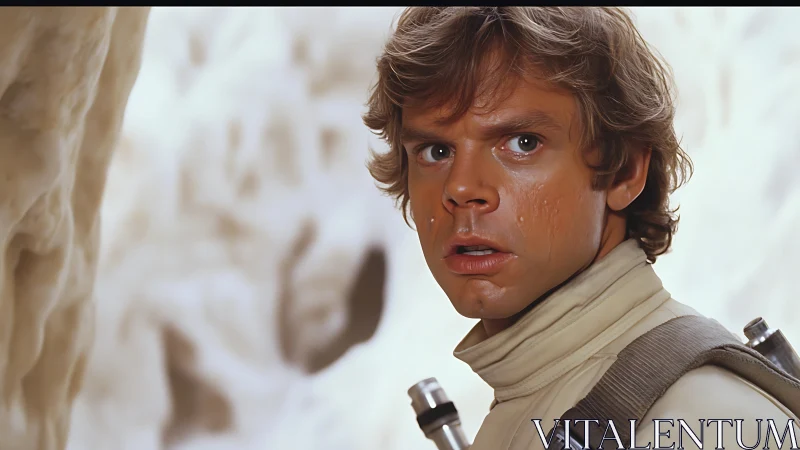 Concerned young man in beige outfit in icy cavern.