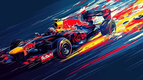 Red Formula race car blasts forward trailing vivid flames