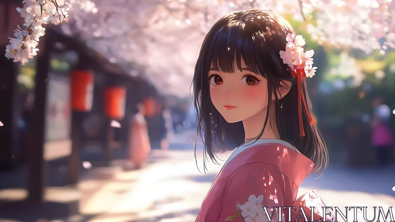 Anime portrait of girl in spring kimono under cherry blossoms.