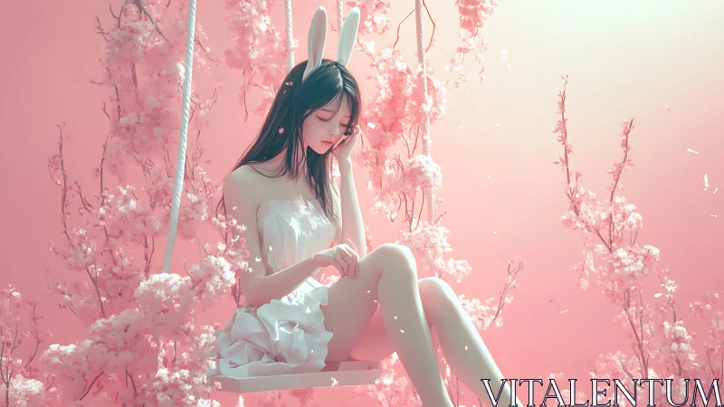 Dreamy bunny-eared girl resting in soft pink blossoms.
