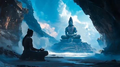 Meditative yogi before colossal Shiva statue in azure cavern.