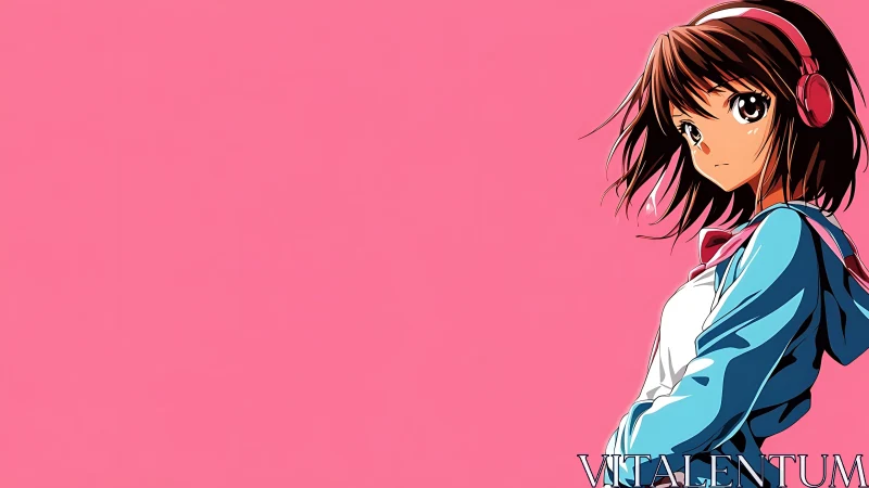 Side-gazing anime girl in hoodie with bold pink backdrop.