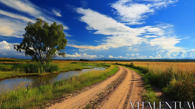 Country dirt road curves beside reflective irrigation canal under clouds