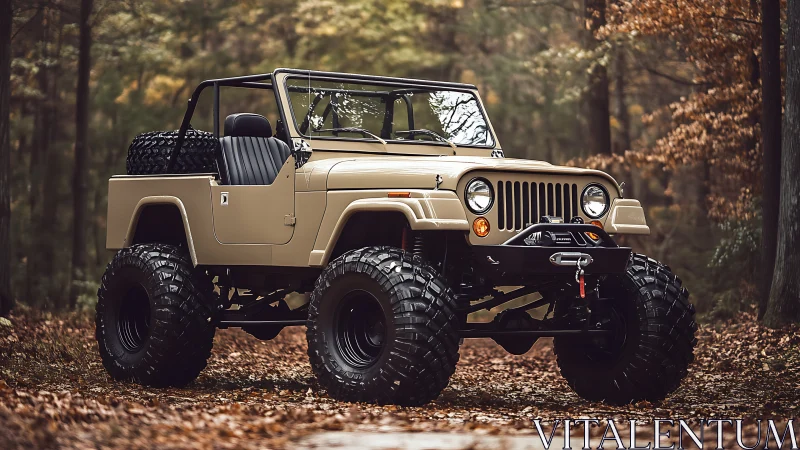 Lifted beige off-road jeep parked in forest setting.
