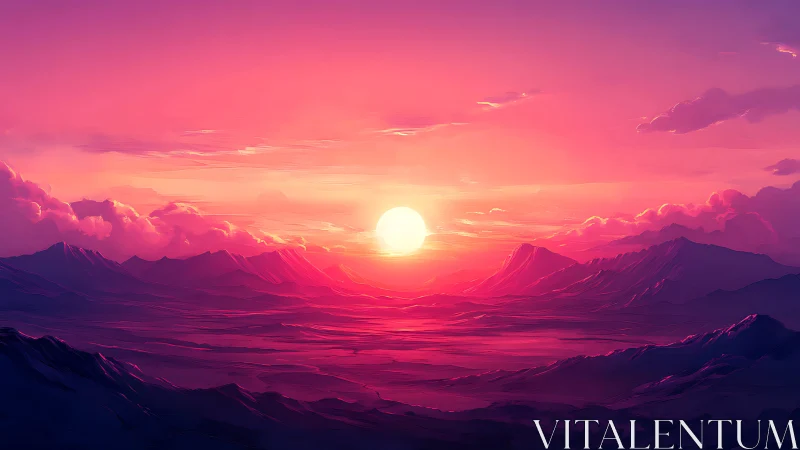 Radiant alien sunset floods a serene violet mountain valley