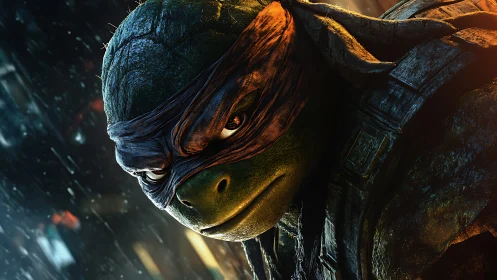 Armored turtle warrior studies viewer under neon rain
