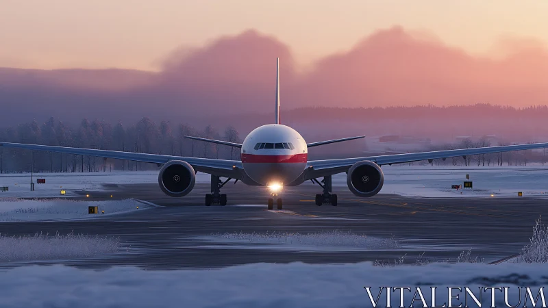 Widebody passenger jet on snowy taxiway at sunrise.