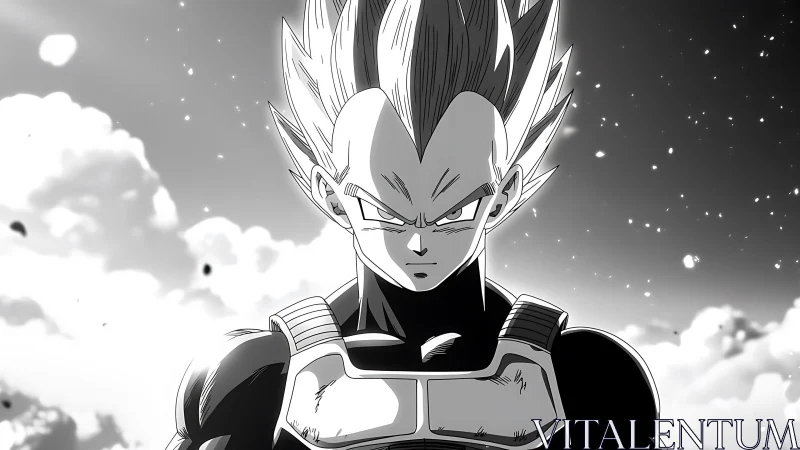 Brooding anime warrior stands strong beneath glowing sky.