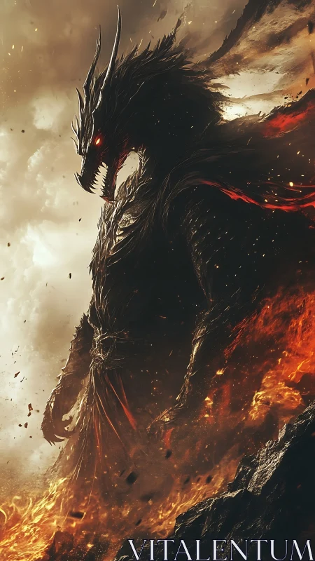 Infernal dragon warlord rises from a storm of fire.