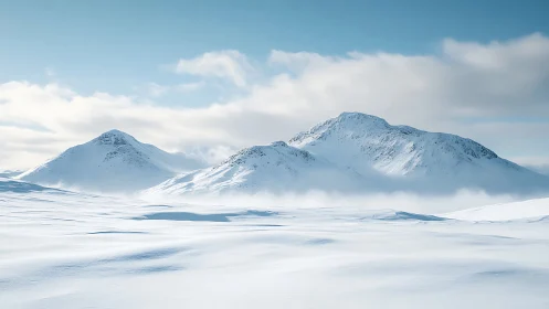 Silent snowy mountains rest beneath a gentle winter sky