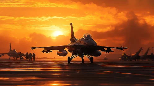 Jet fighter aircraft on wet tarmac at orange sunset horizon.
