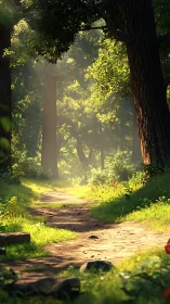 Forest path with towering trees and golden sunlight