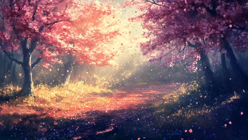 Vibrant spring forest path under glowing diffused backlight