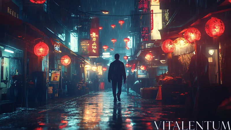 Lone figure in rainy neon alley with red lanterns at night.