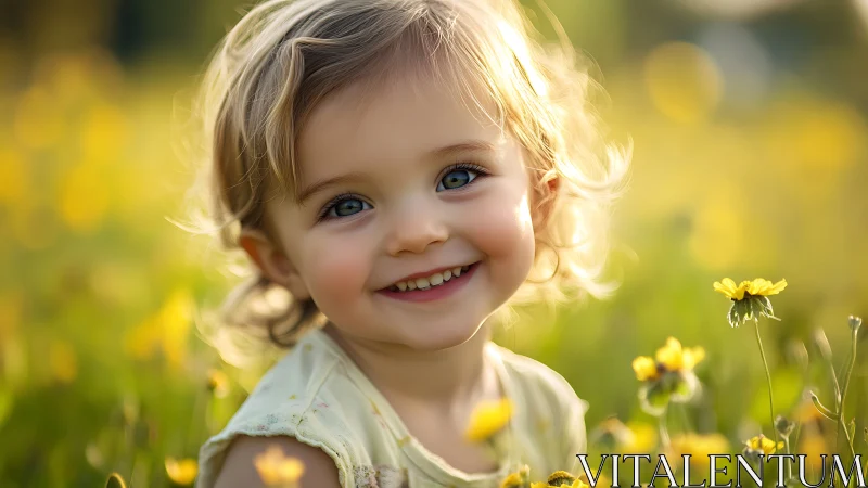 Joyful Toddler in Meadow. Golden Hour Portrait with Yellow Wildflowers.