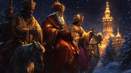 Three winter kings ride toward a lantern-lit golden city