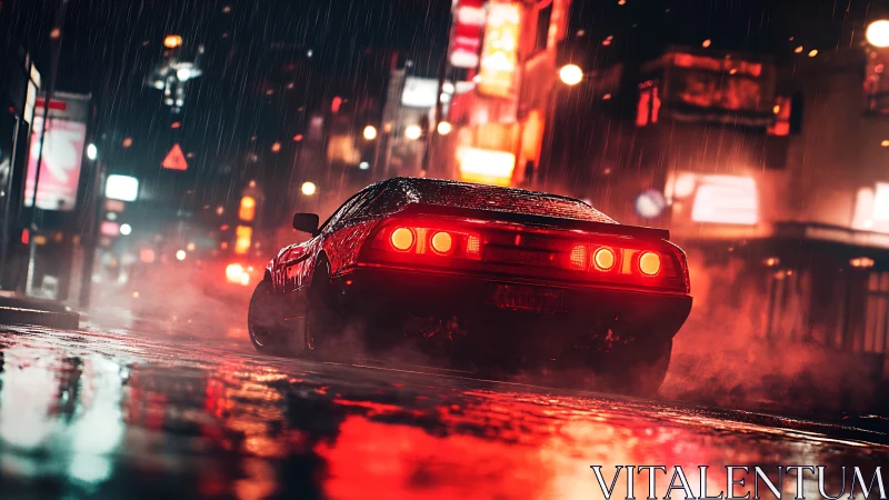 Red sports car on wet neon city street at night in rain.