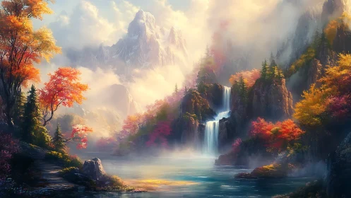 Mountain lake landscape with waterfalls and autumn trees.