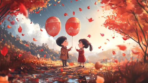 Children Hold Red Lanterns Under Autumn Petals.