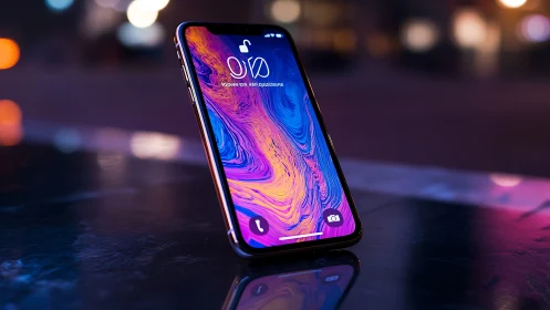 Premium Smartphone Displaying Vibrant Liquid Motion Wallpaper at Night.