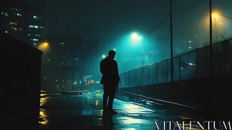 Solitary night walk under neon rainlit city glow.