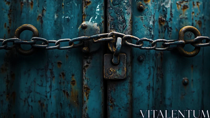Rusted lock and chain guard a weathered teal metal secret.