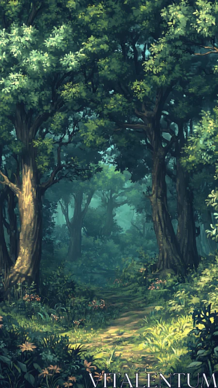 Ancient Forest Canopy with Luminous Pathway Through Dense Woodland