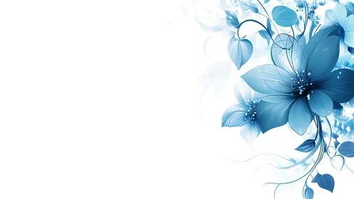 Blue floral composition with translucent petals and botanical elements.