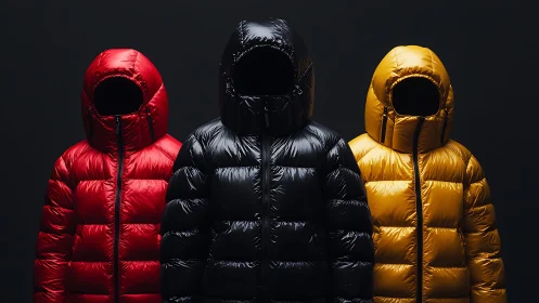 Three Puffy Winter Jackets with Metallic Finishes Displayed Against Dark Backdrop