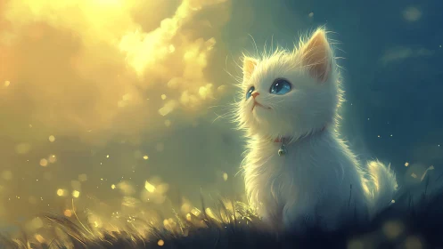 Luminescent White Kitten in Golden Hour Atmospheric Composition.