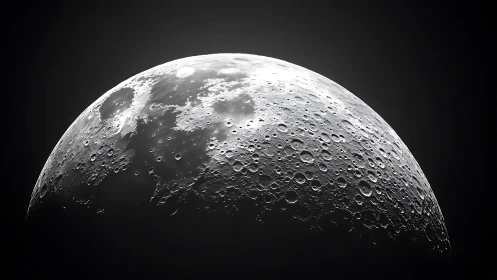 Lunar surface shows highly detailed craters in sharp relief