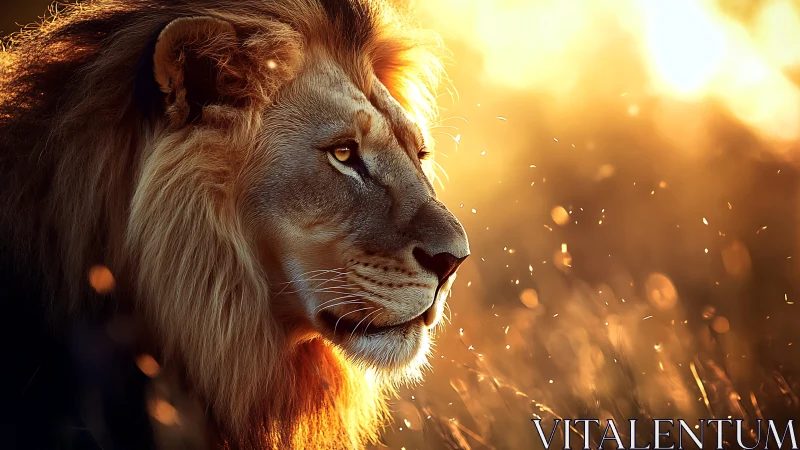 Golden hour lion profile with glowing backlit mane.